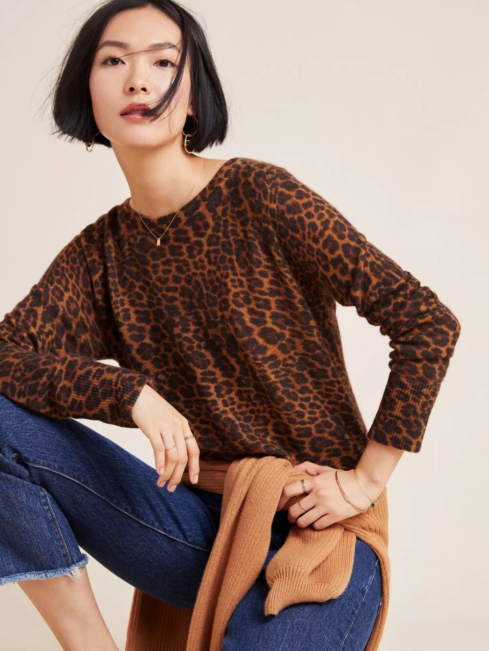 Anthropokogie White + Warren 100% Cashmere Leopard Print Crewneck Sweater Size M